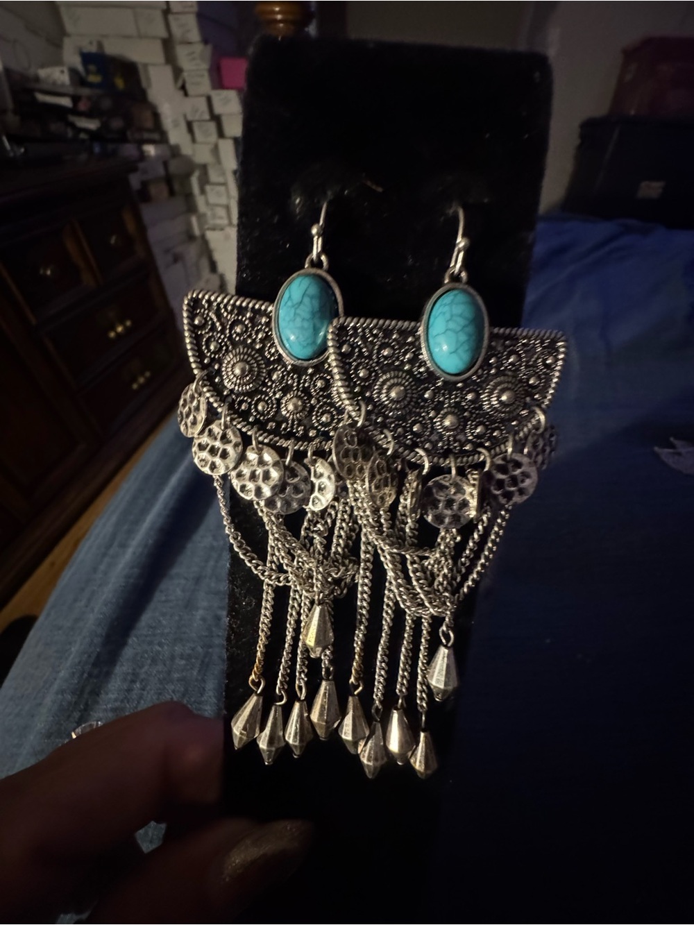 Turquoise Stone Silver Fringe Dangle Earrings - Women's Jewelry